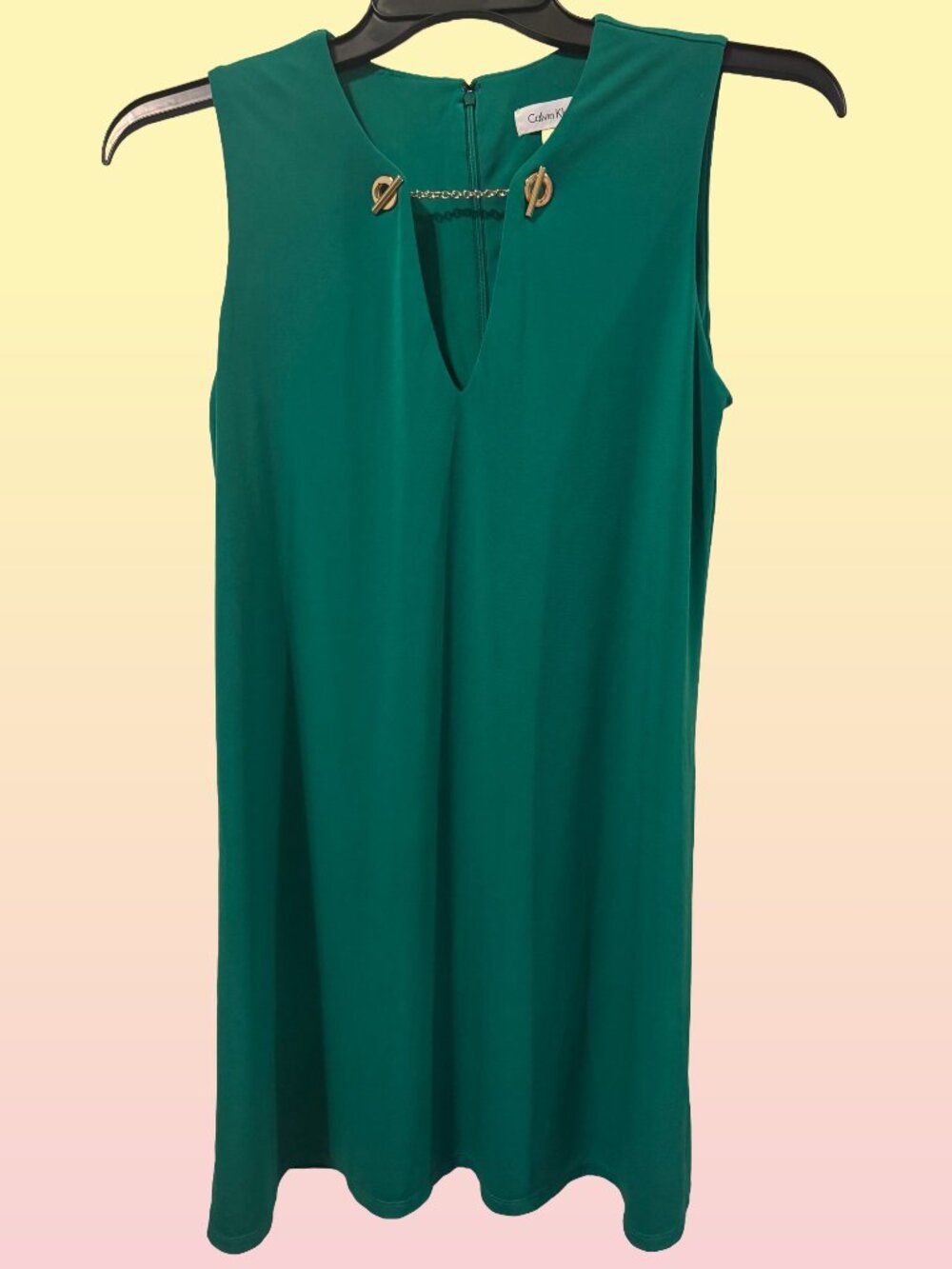 Calvin Klein Emerald Green Shift Dress – Size 8 – Gold Hardware Detail